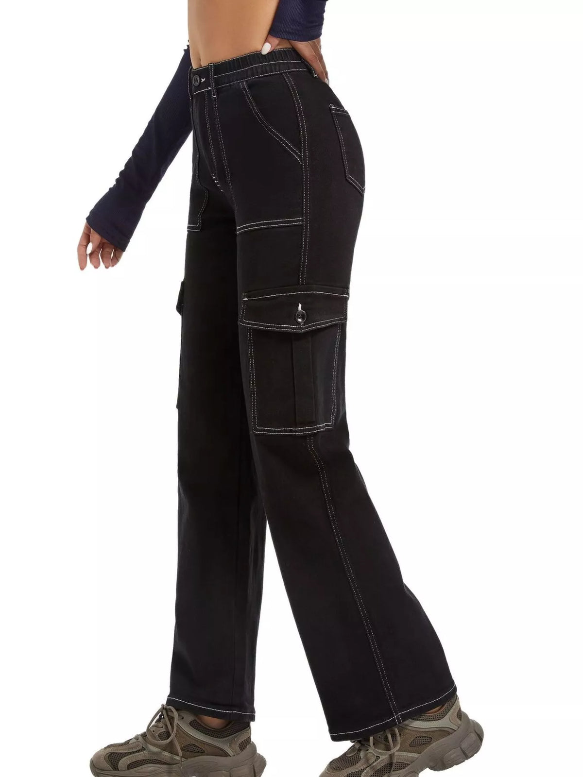 High-Waisted Cargo Jeans with Contrast Stitching
