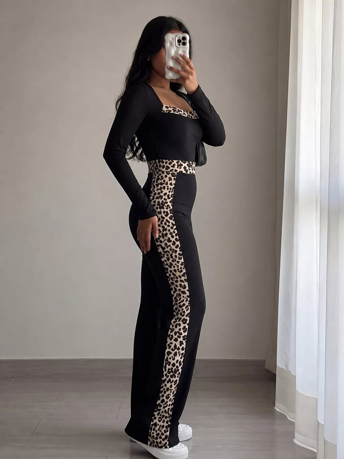 Leopard Trim Long Sleeve Jumpsuit in Black
