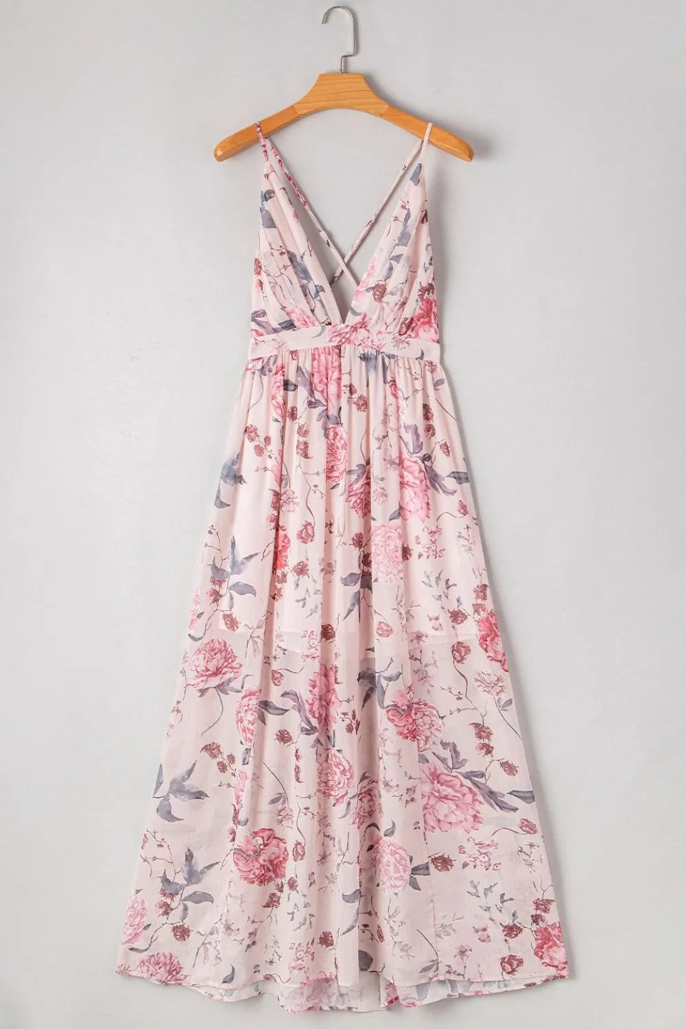 Floral Pleated Deep V Backless Maxi Dress in Blush Pink