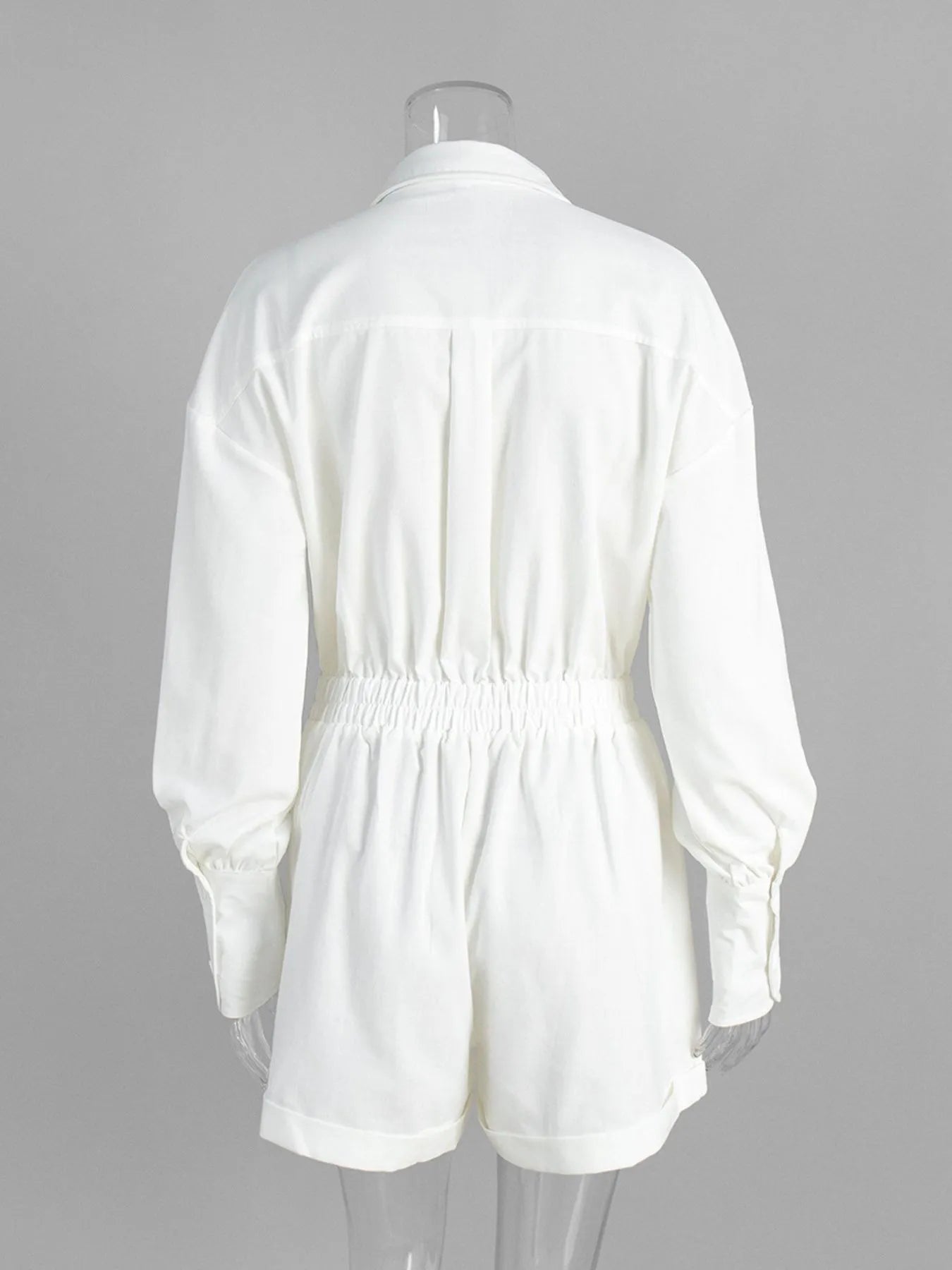 Button Front Long Sleeve Romper in Beige