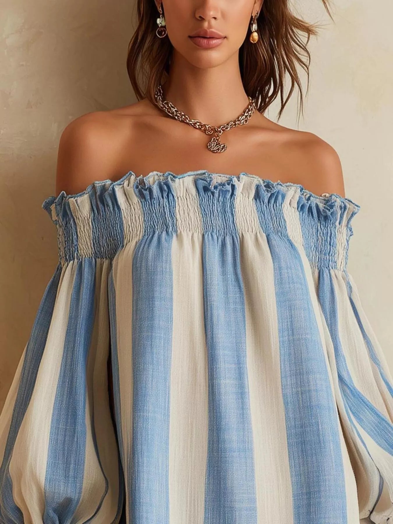 Striped Off-Shoulder Ruffle-Hem Mini Dress in Sky Blue