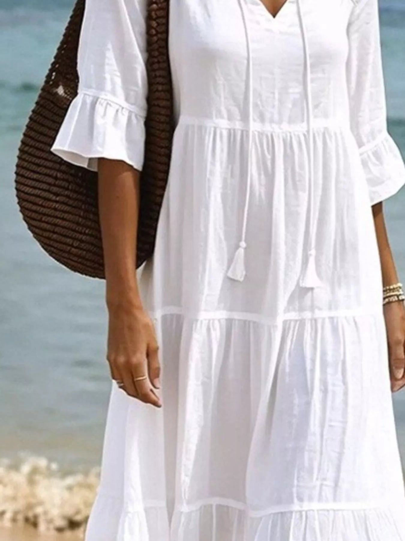 Tie-Neck Flounce Sleeve Tiered Dress