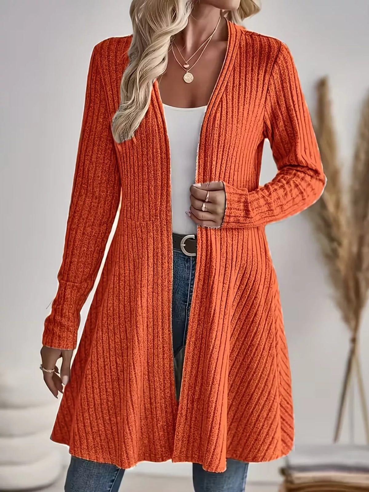 Ribbed Knit Open-Front Cardigan