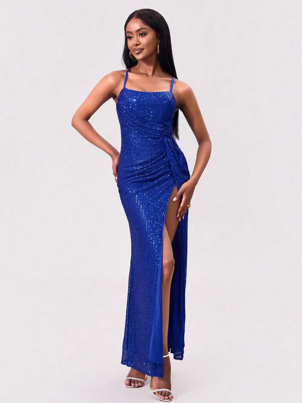 Square Neck Sequin Slit Dress in Royal Blue by Jubilair