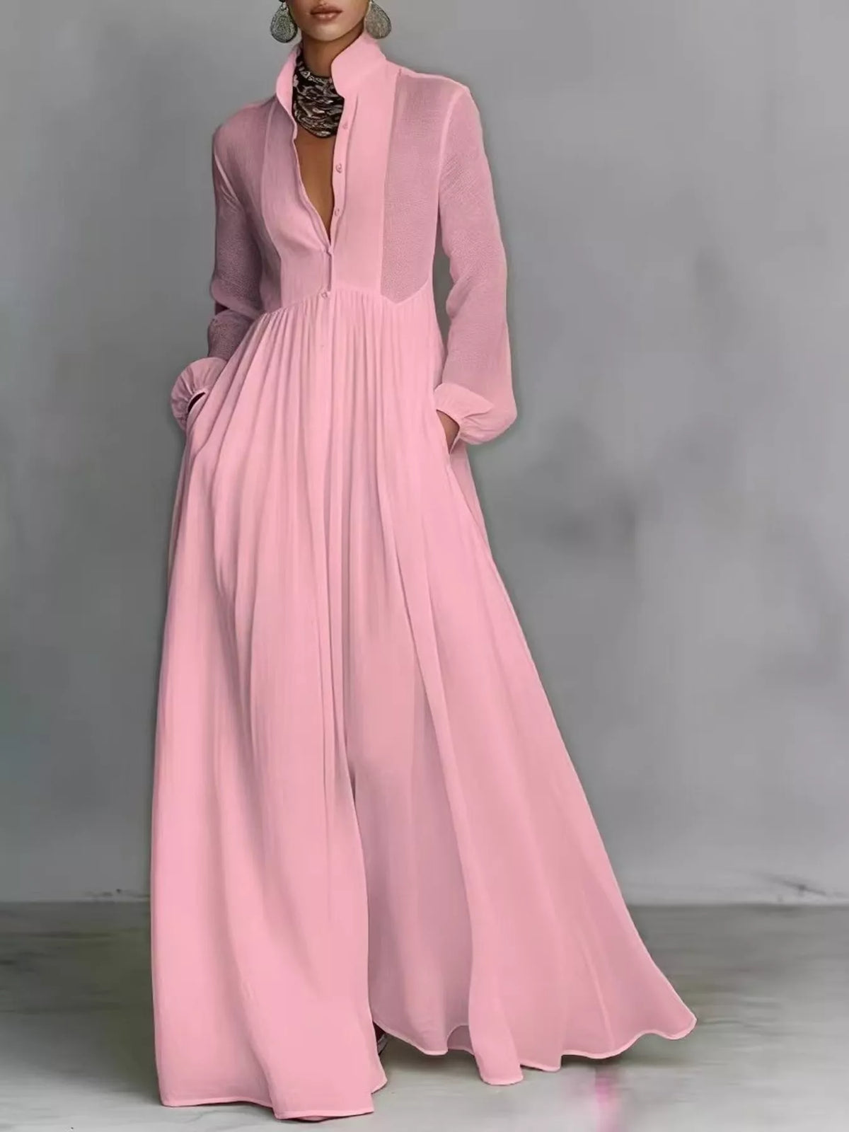 Long-Sleeve Button Front Maxi Dress
