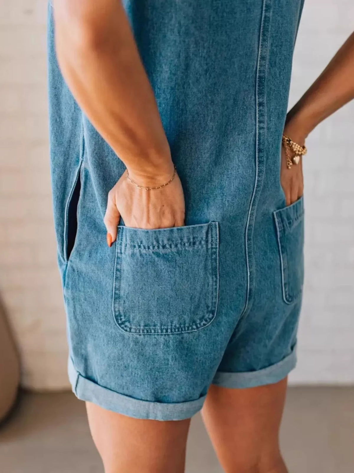 Sleeveless Zip-Up Denim Romper in Blue