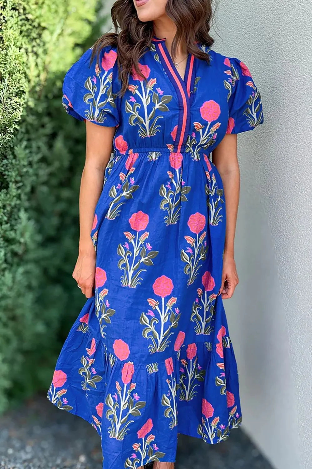 Floral Notched Puff Sleeve Dress in Royal Blue
