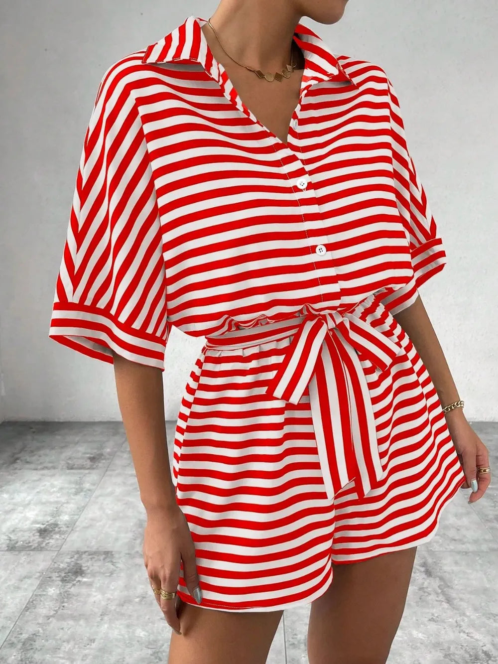 Half-Button Tie Waist Striped Romper