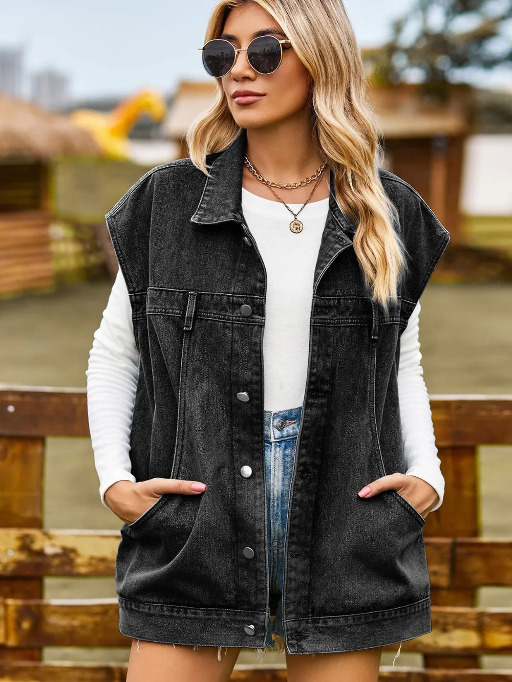 Collared Sleeveless Denim Jacket with Button-Up Front by Manny