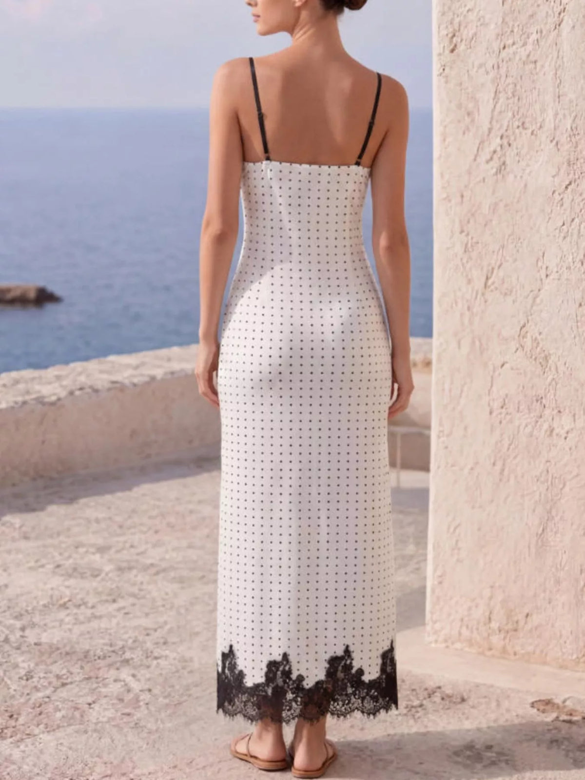 Polka Dot Lace Trim Maxi Dress in White