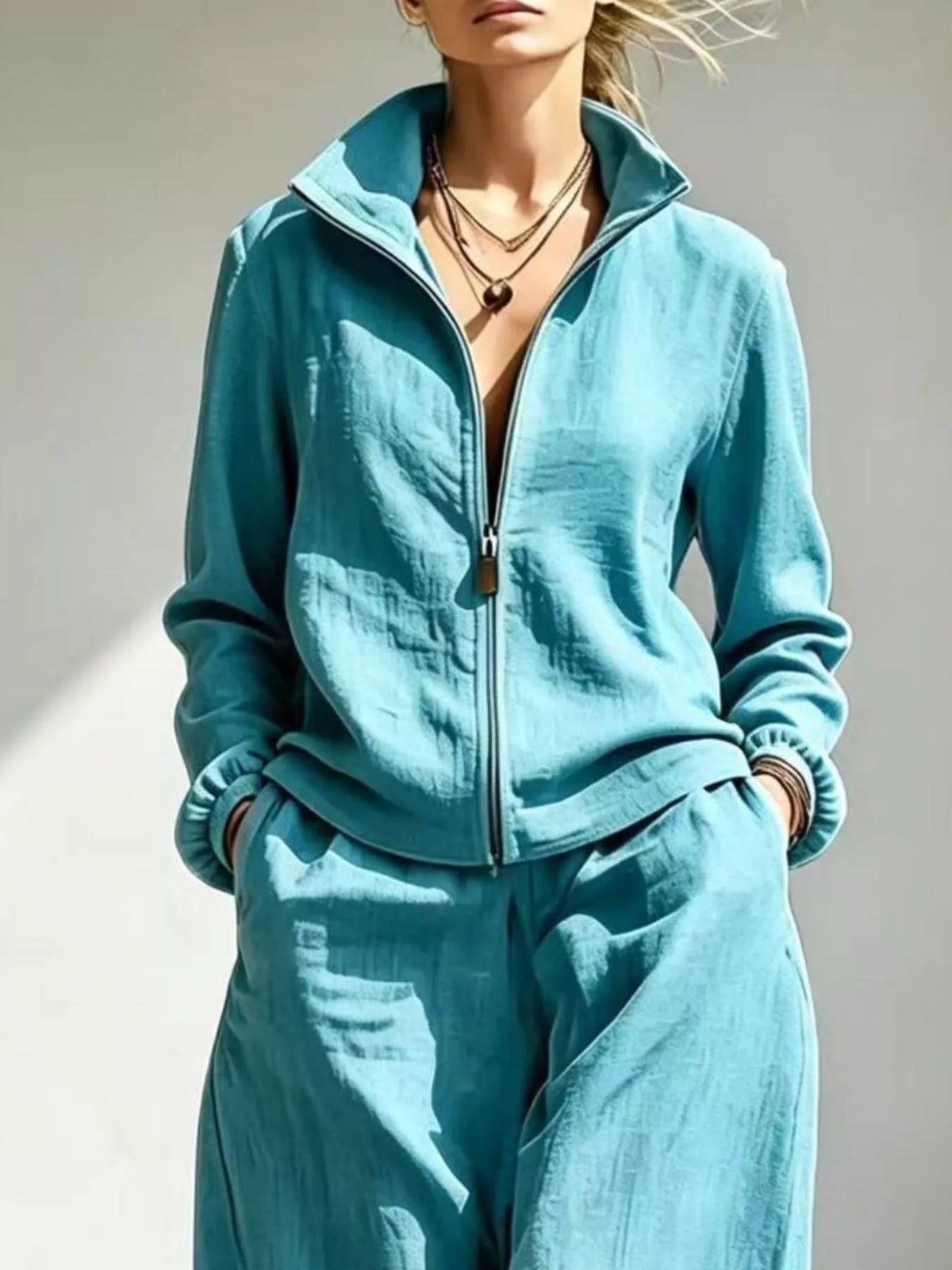 Zip-Up Jacket and Wide-Leg Pants Set in Peacock Blue