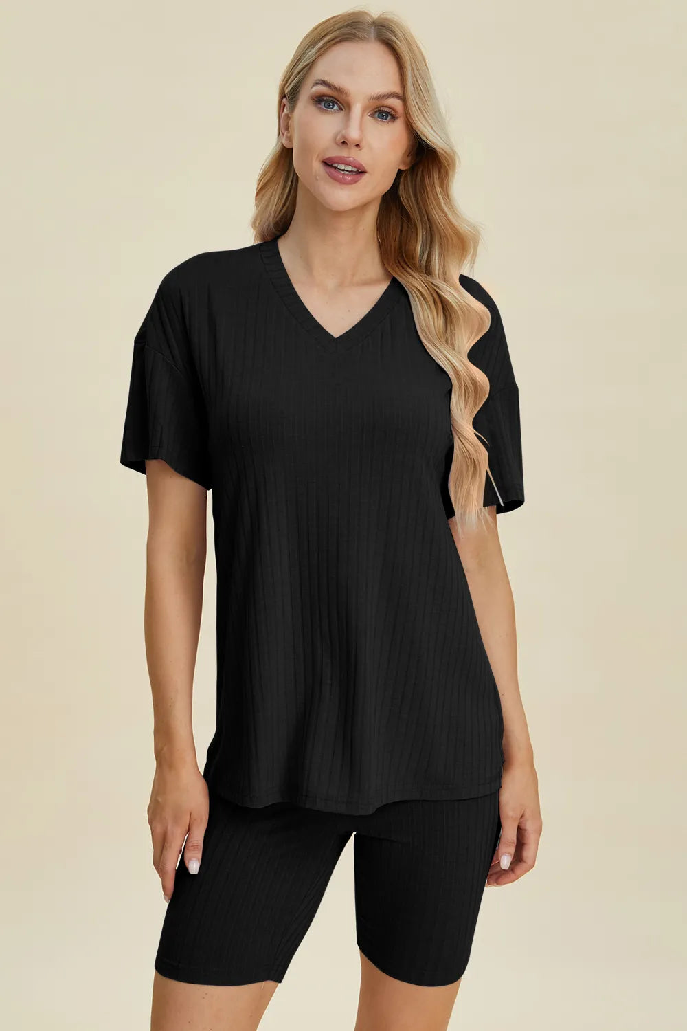 Basic Bae Ribbed V-Neck Top and Shorts Set
