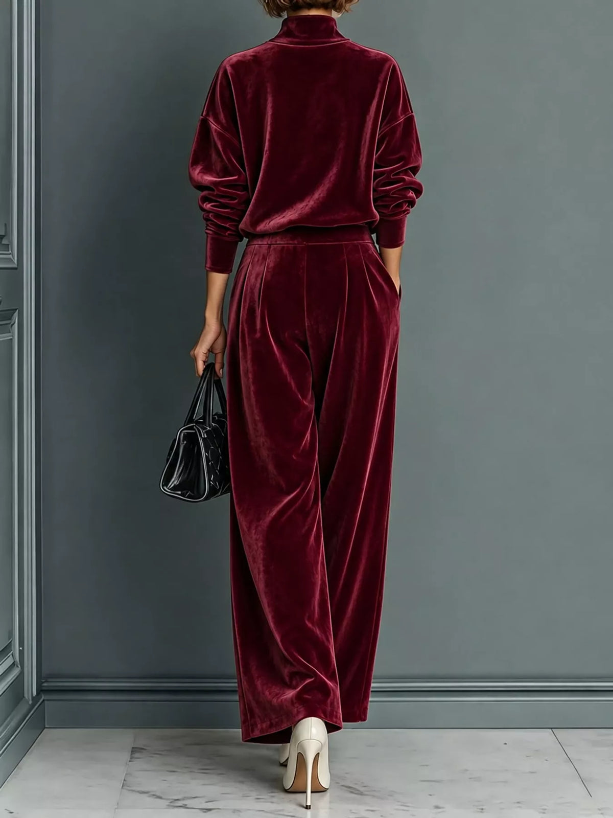 Velvet Mock Neck Top and Wide-Leg Pants Set
