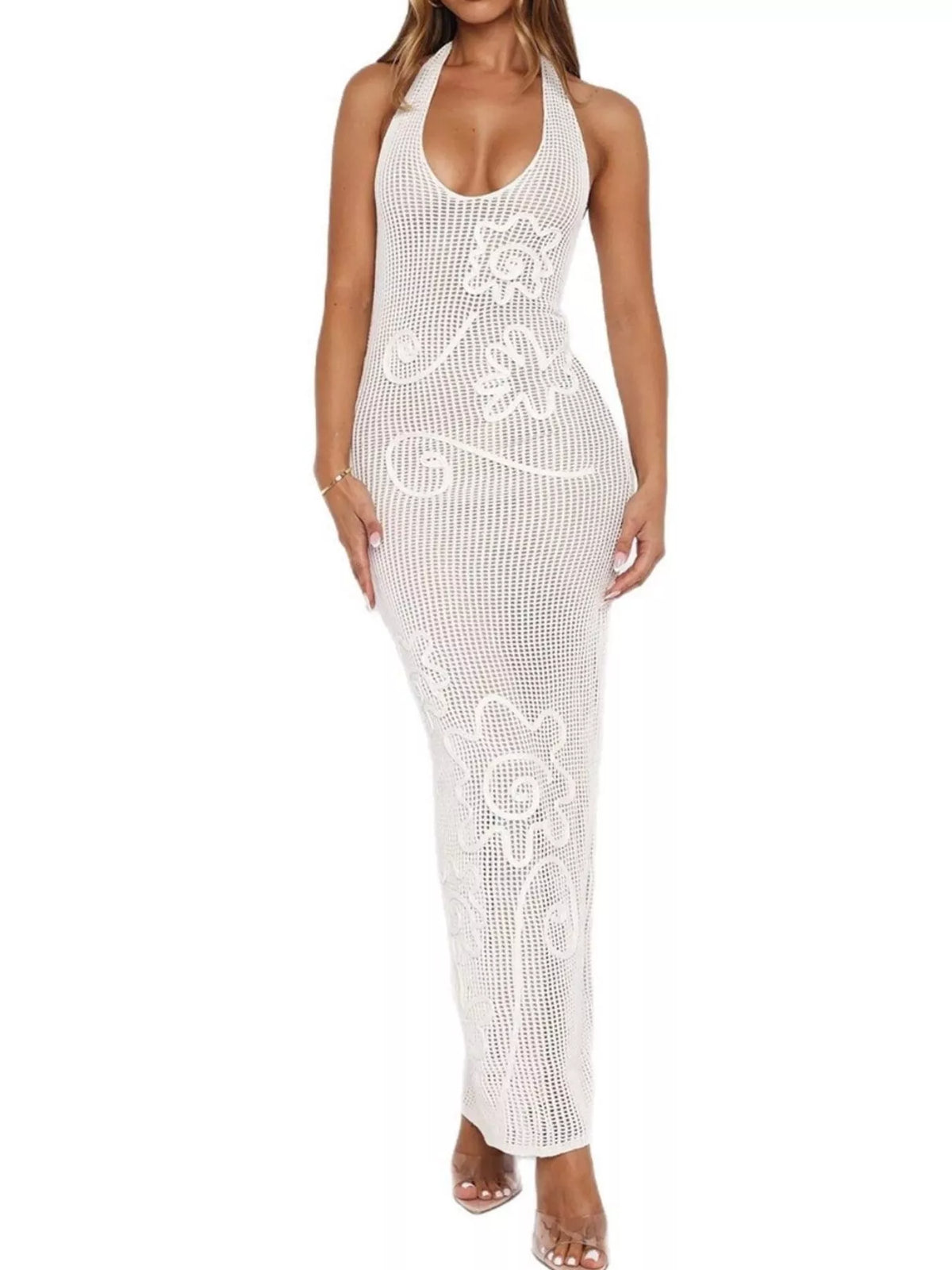 Halter Neck Crochet Maxi Dress by D&J Apparel