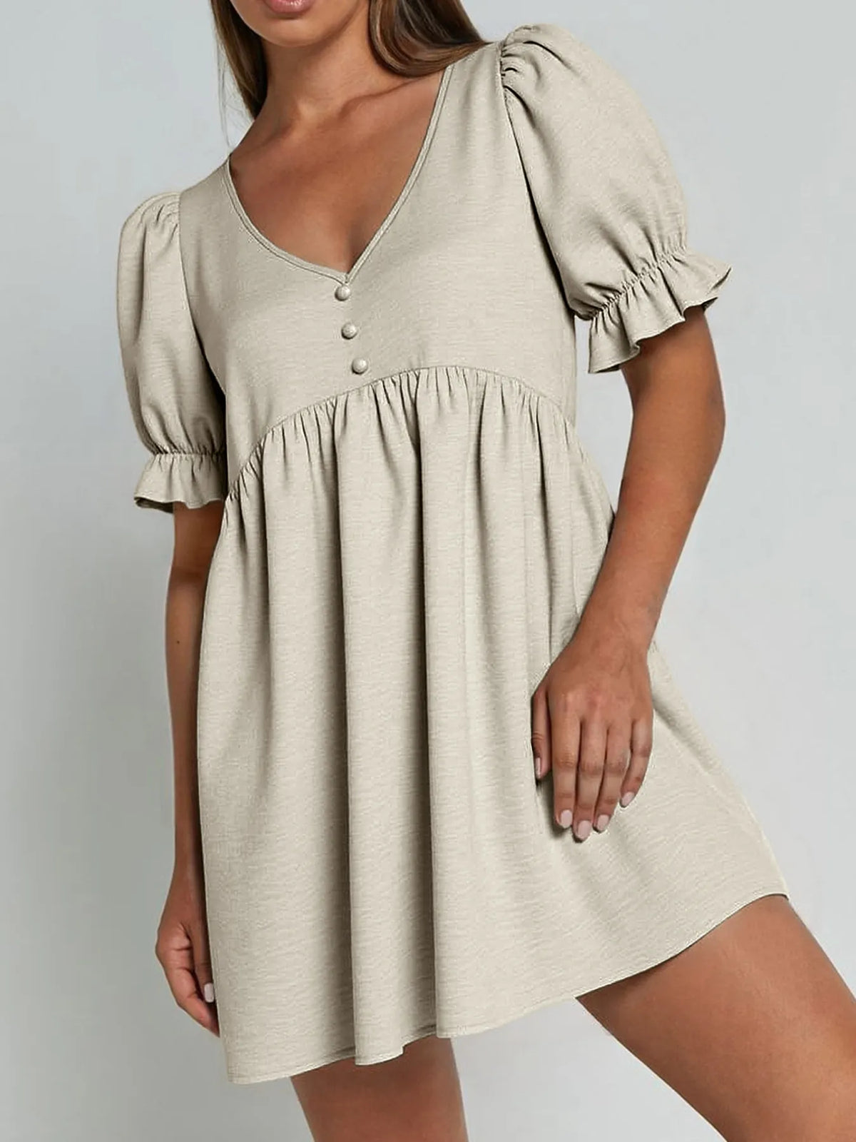 Puff Sleeve Babydoll Dress in Beige