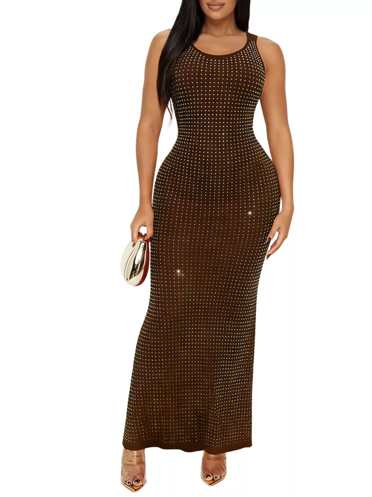 Sleeveless Rhinestone Bodycon Maxi Dress