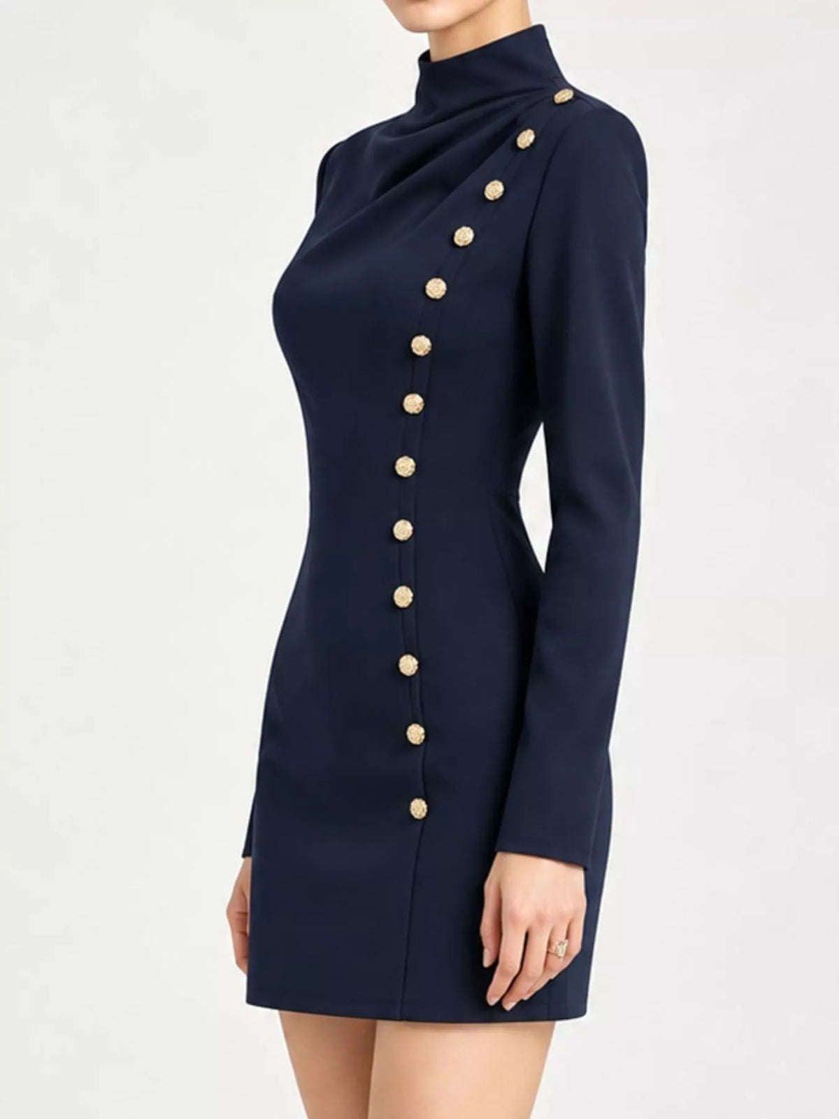 Decorative Button Mock Neck Mini Dress