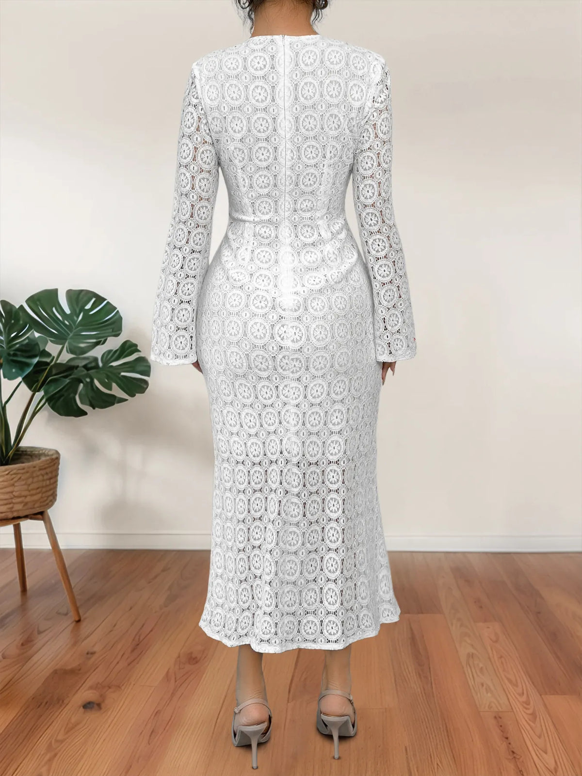 Lace Long Sleeve Midi Dress in White