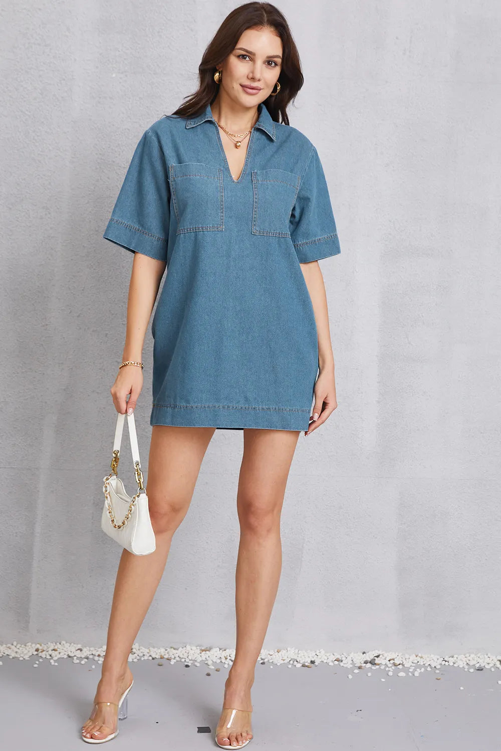 Pocketed Collared Mini Denim Dress in Medium Wash by Y.Y@Denim