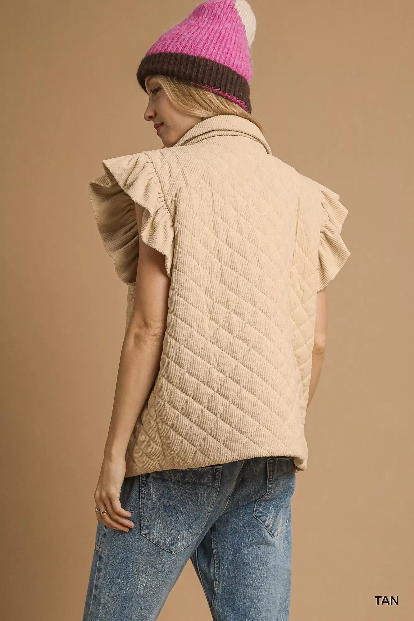 Umgee Corduroy Ruffle Sleeve Vest in Tan