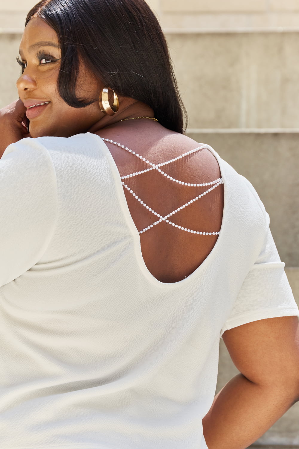 And The Why Criss Cross Pearl Open Back Top in Off White