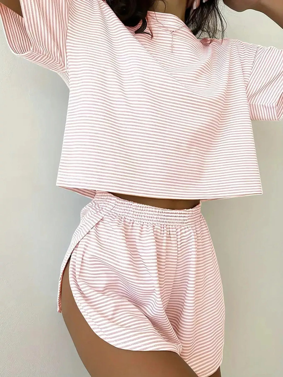 Striped Crop Top and Shorts Lounge Set