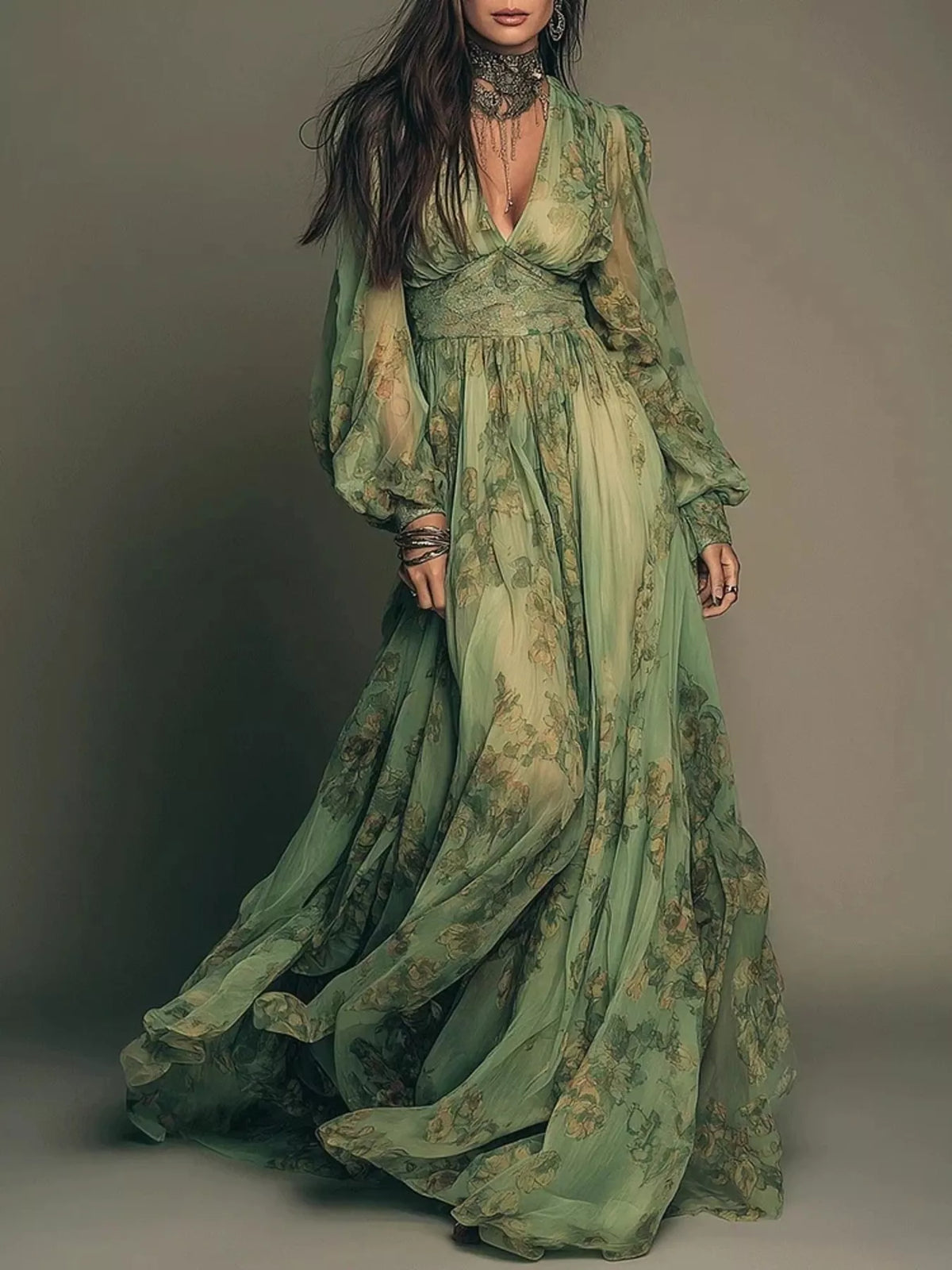 Floral Print Sheer Maxi Dress in Moss by Yvette
