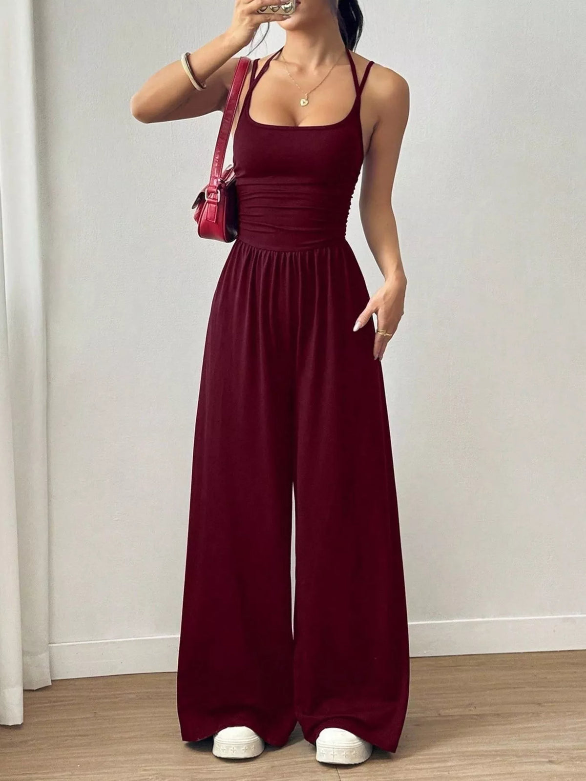 Ruched Spaghetti Strap Wide Leg Jumpsuit