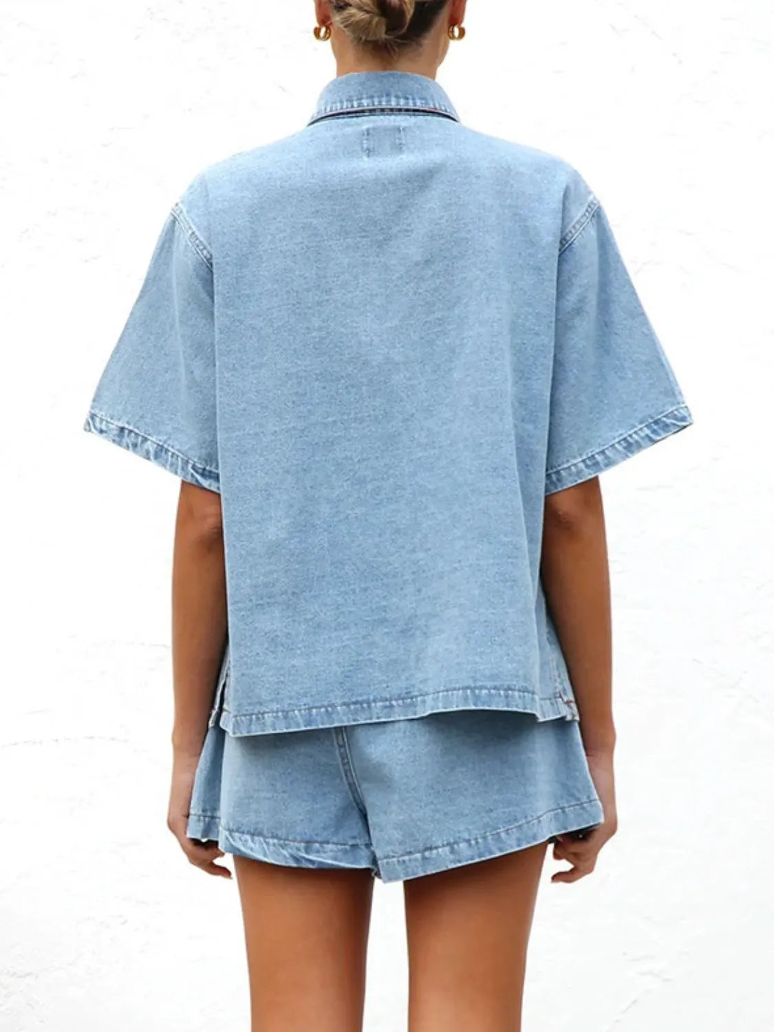 Button-Up Short Sleeve Denim Top and Shorts Set