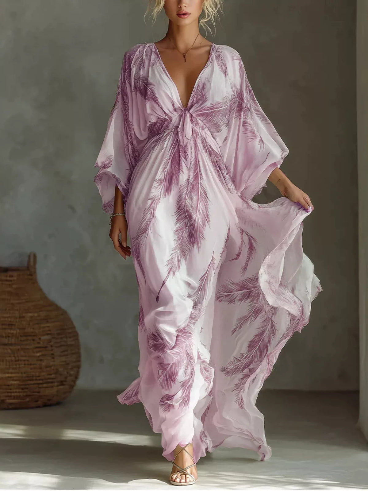 Feather Print V-Neck Flowy Maxi Dress