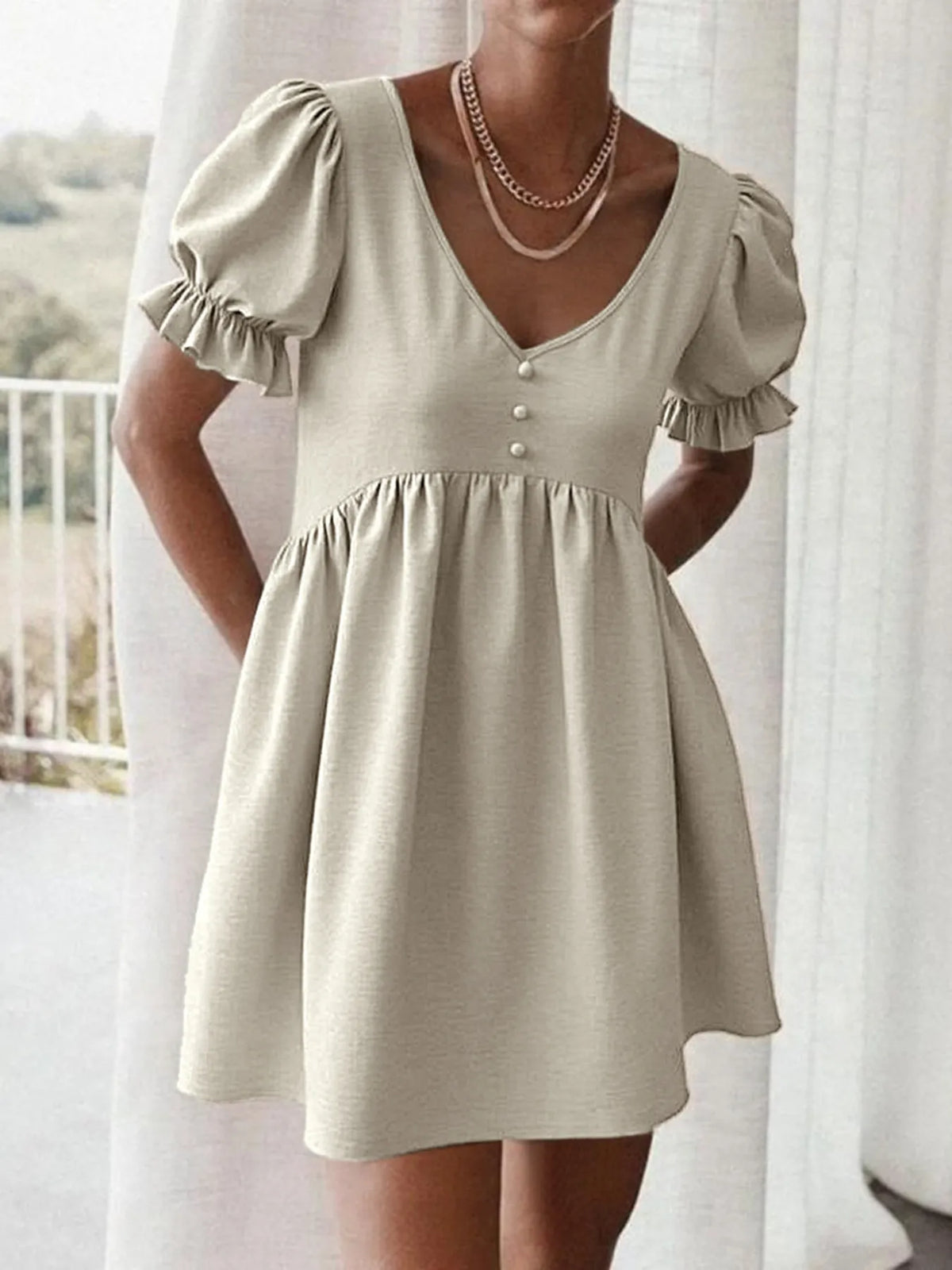 Puff Sleeve Babydoll Dress in Beige