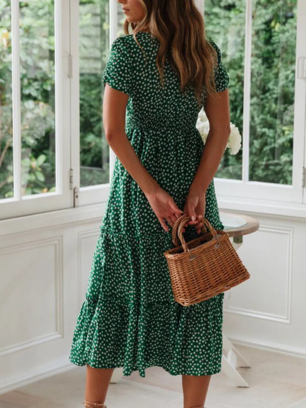 Printed Square Neck Midi Dress by Ease Mee