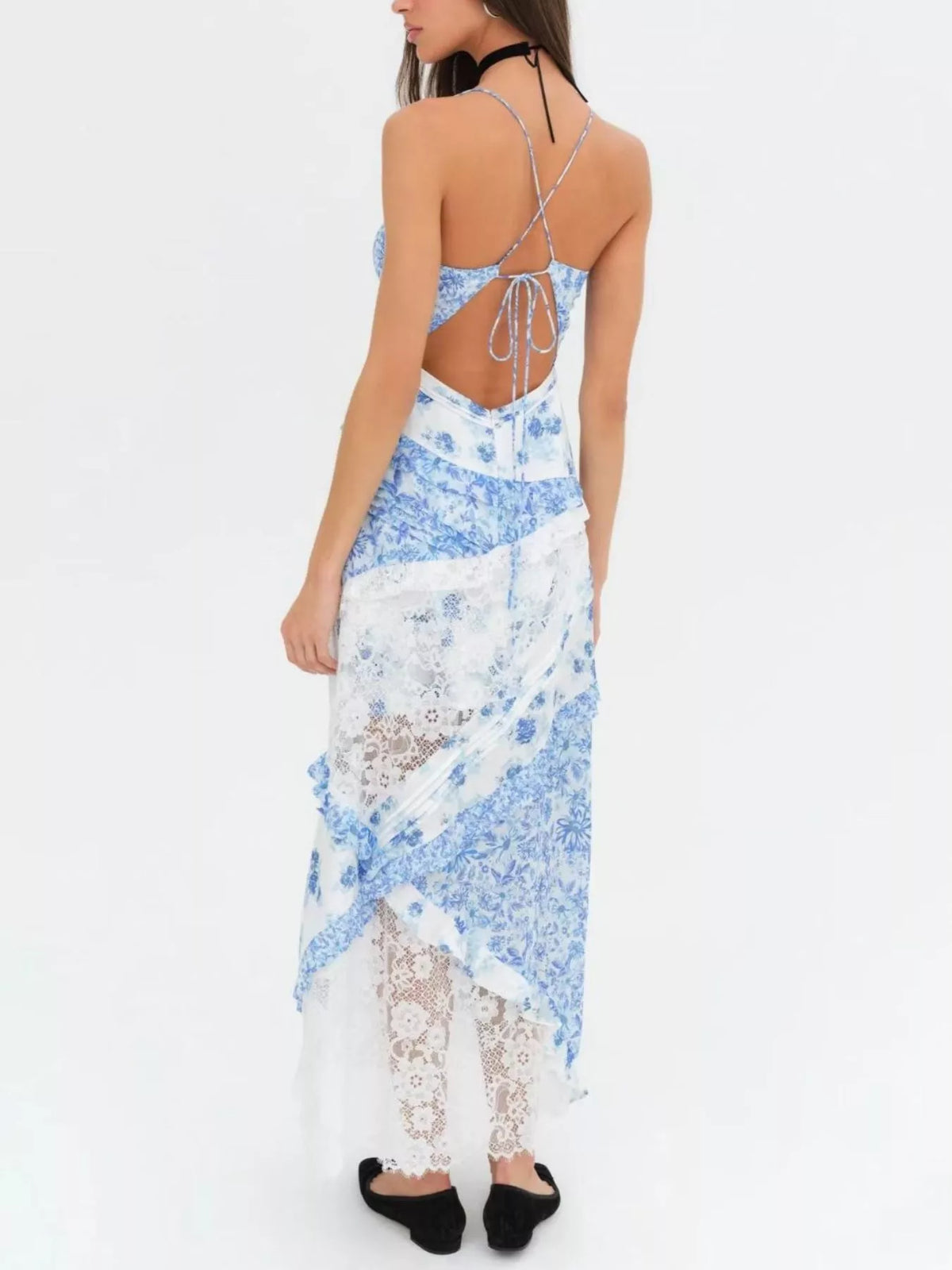 Lace Floral Ruffle Trim Maxi Dress