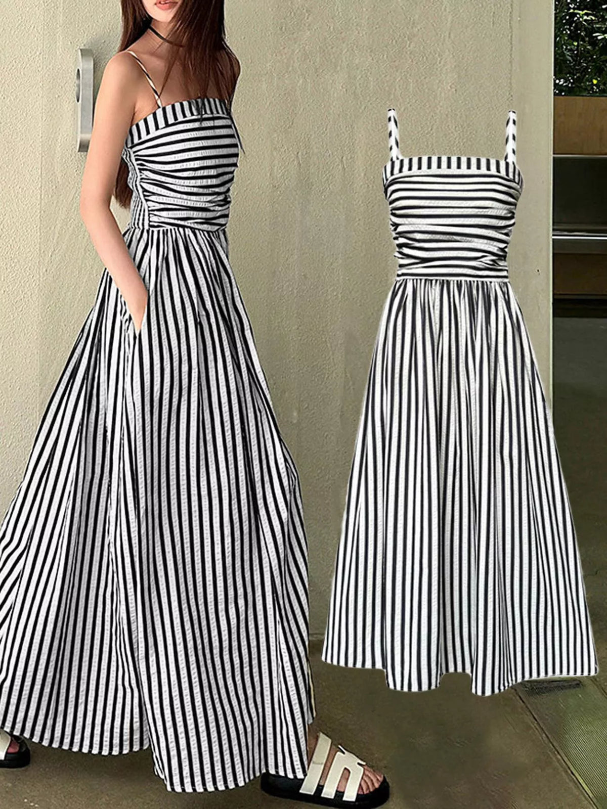 Striped Sleeveless Maxi Dress with Pockets