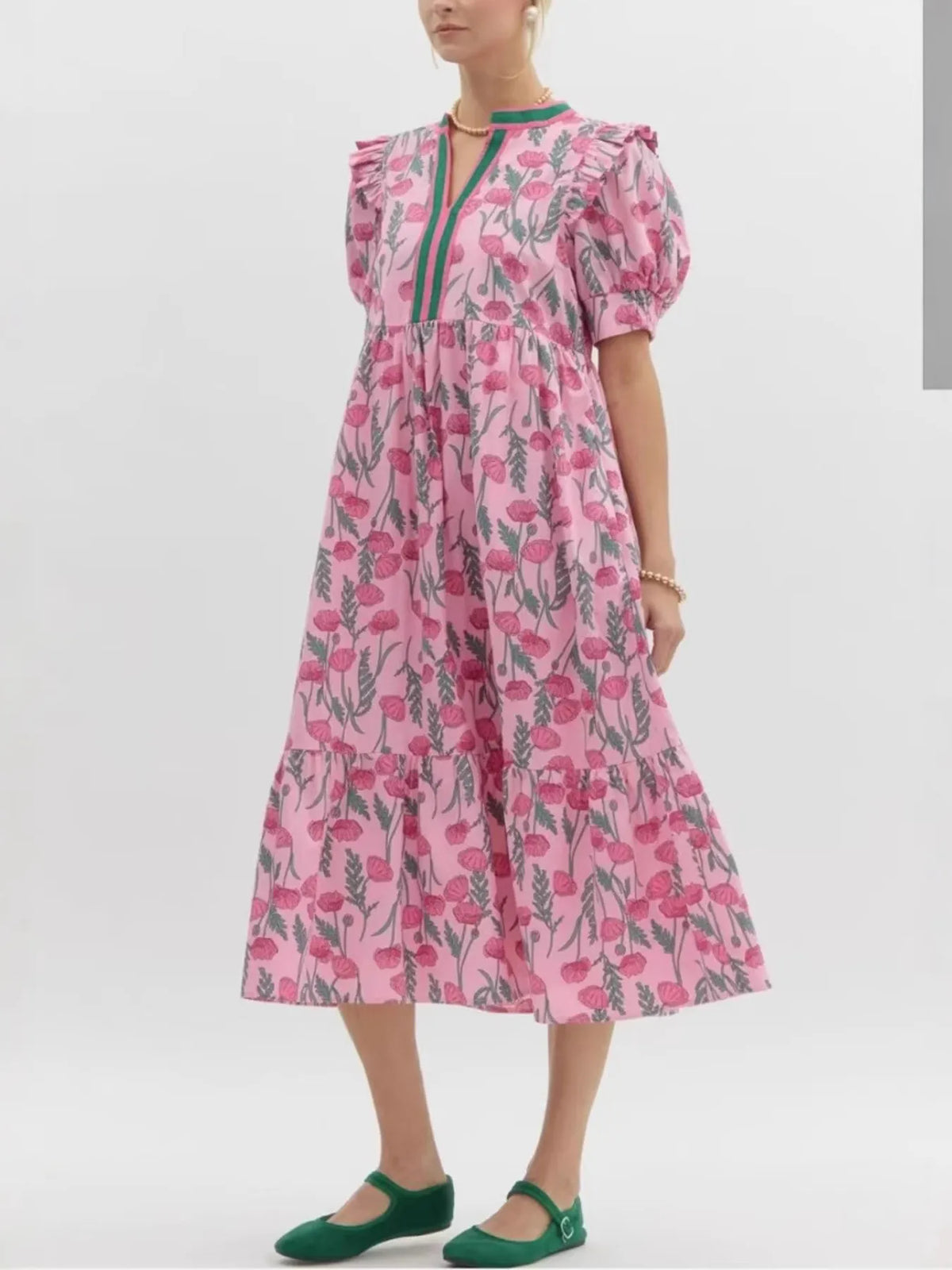 Floral Puff-Sleeve Midi Dress in Pink by Rosaline