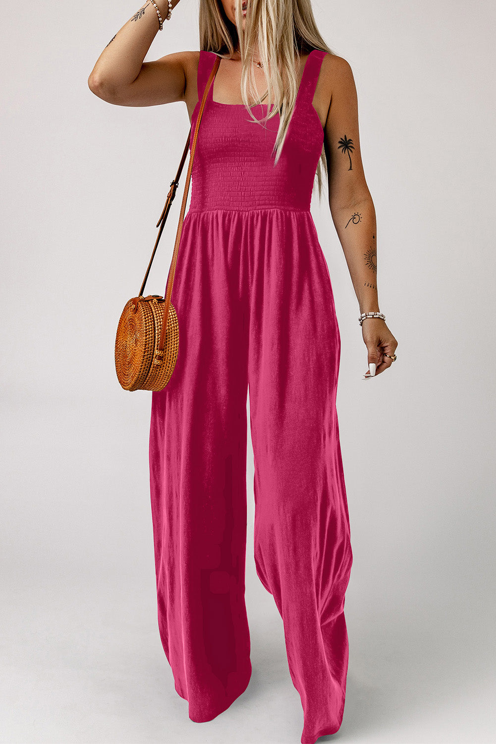 Smocked Square Neck Wide Leg Jumpsuit