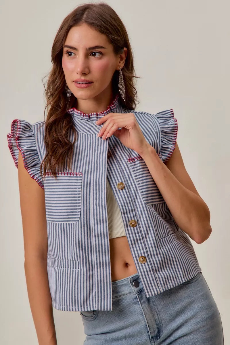 So Me Striped Ruffled Vest Top in Blue and Red in Blue/Red