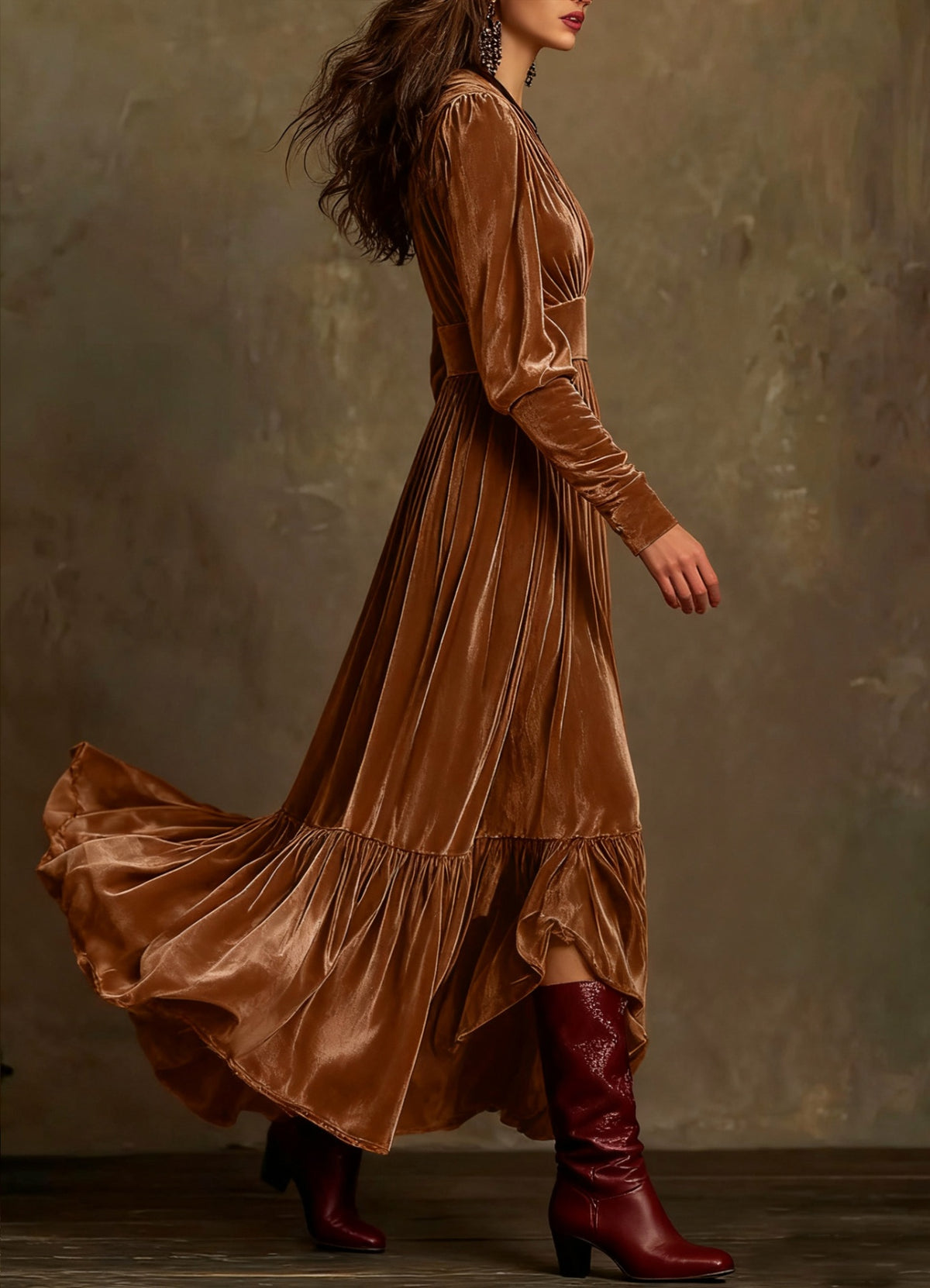 Velvet V-Neck Ruffled Dress in Brown