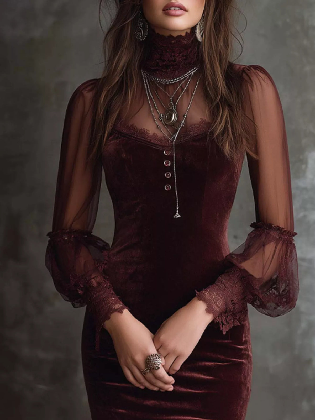 Velvet Mesh Long Sleeve Bodycon Dress in Wine Red
