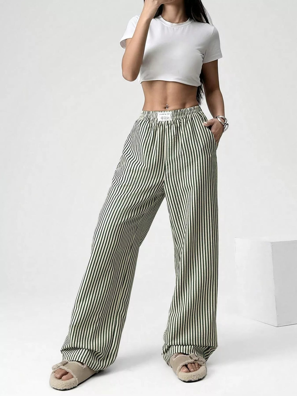 Striped High-Waisted Wide-Leg Pants