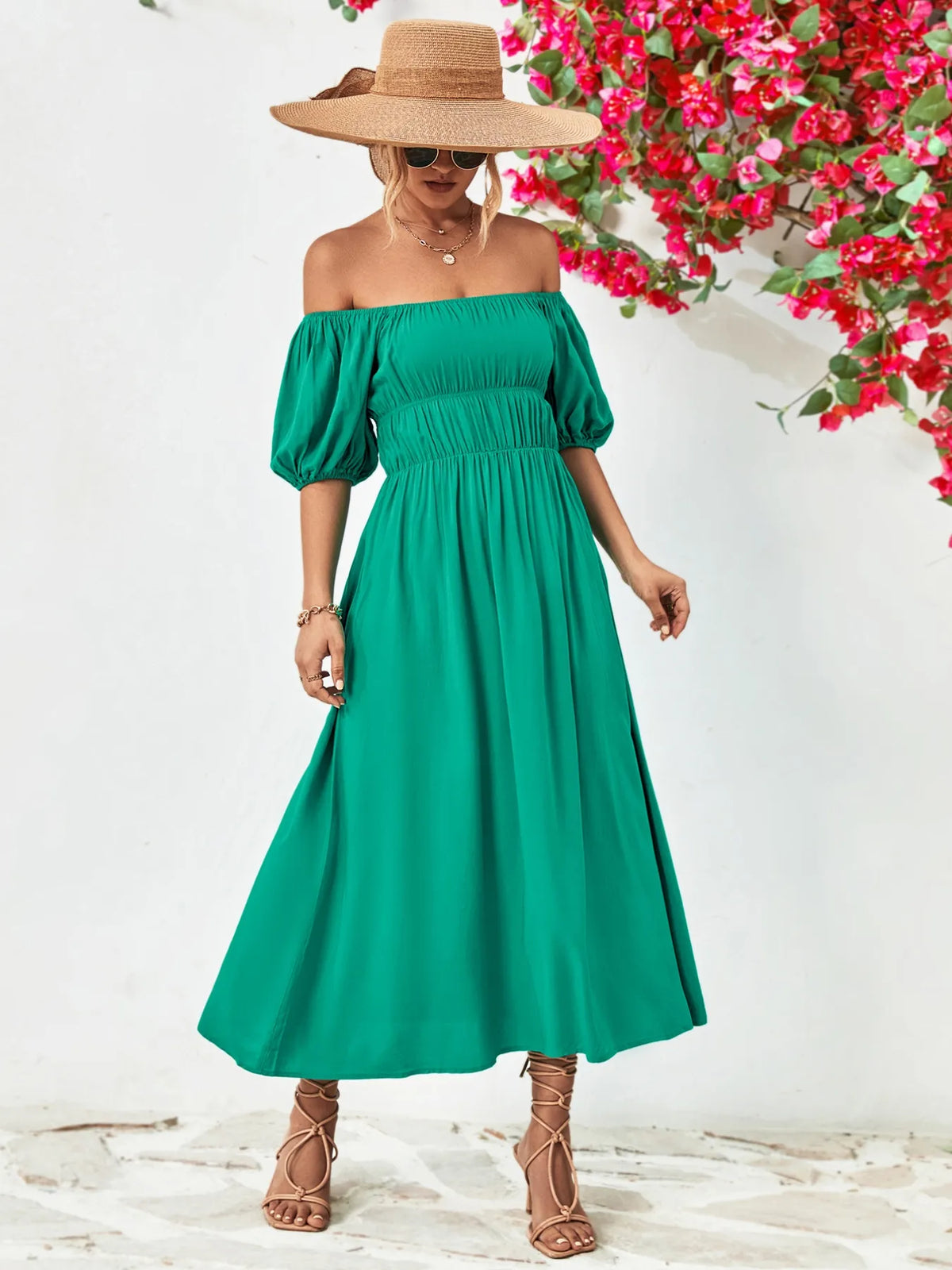 Off-Shoulder Puff-Sleeve Smocked Maxi Dress