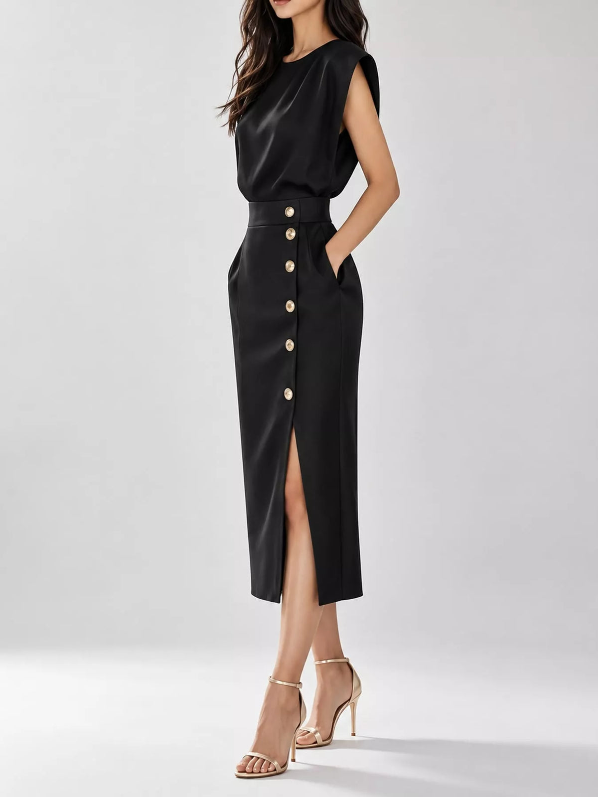 Sleeveless Midi Dress with Gold Button Detail