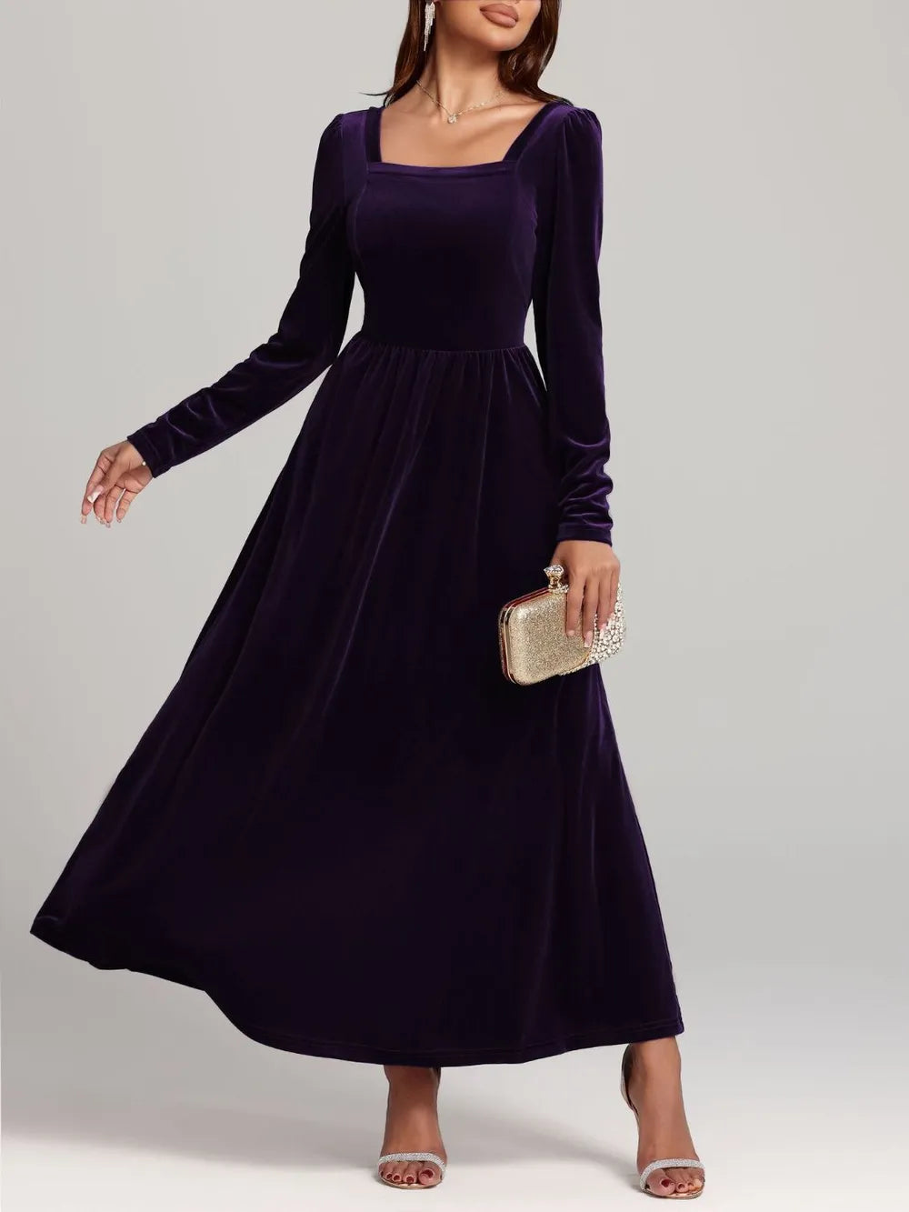 Velvet Square Neck Backless Dress