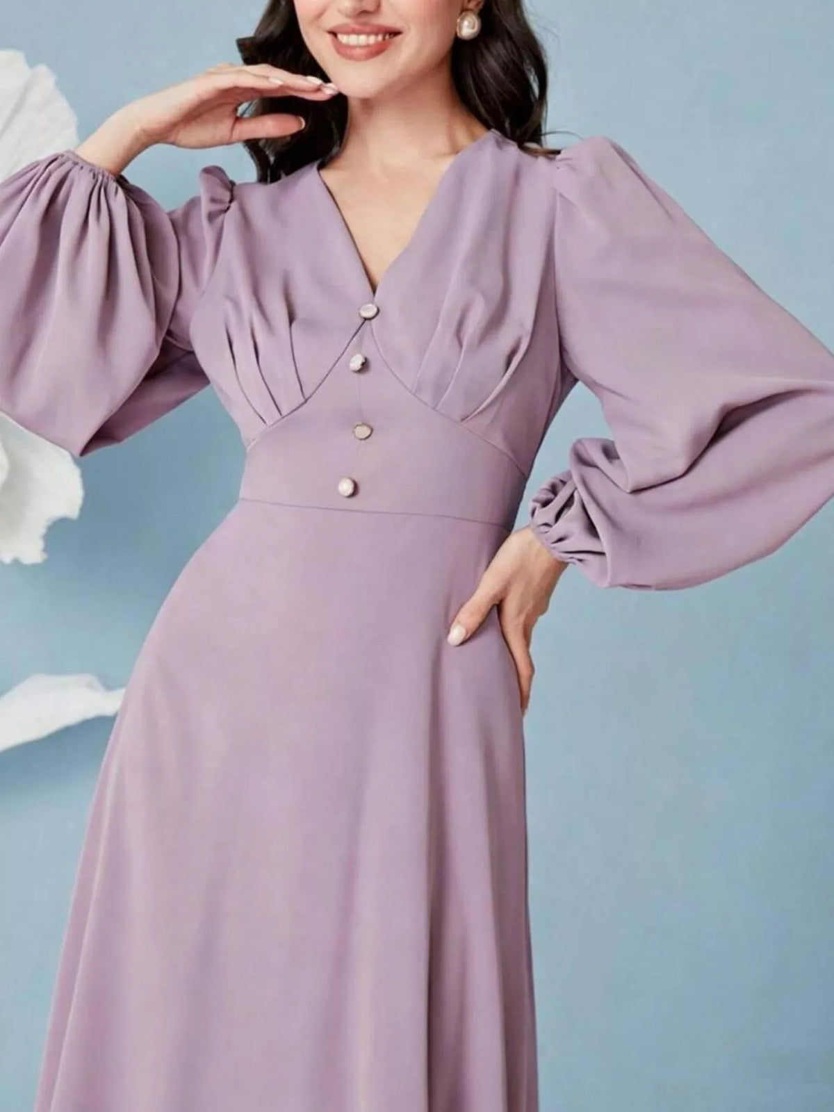 V-Neck Balloon Sleeve Maxi Dress in Lavender