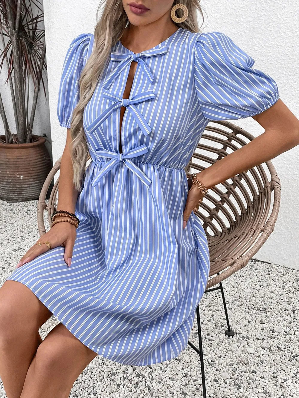 Tied Striped Short Sleeve Mini Dress in Light Blue