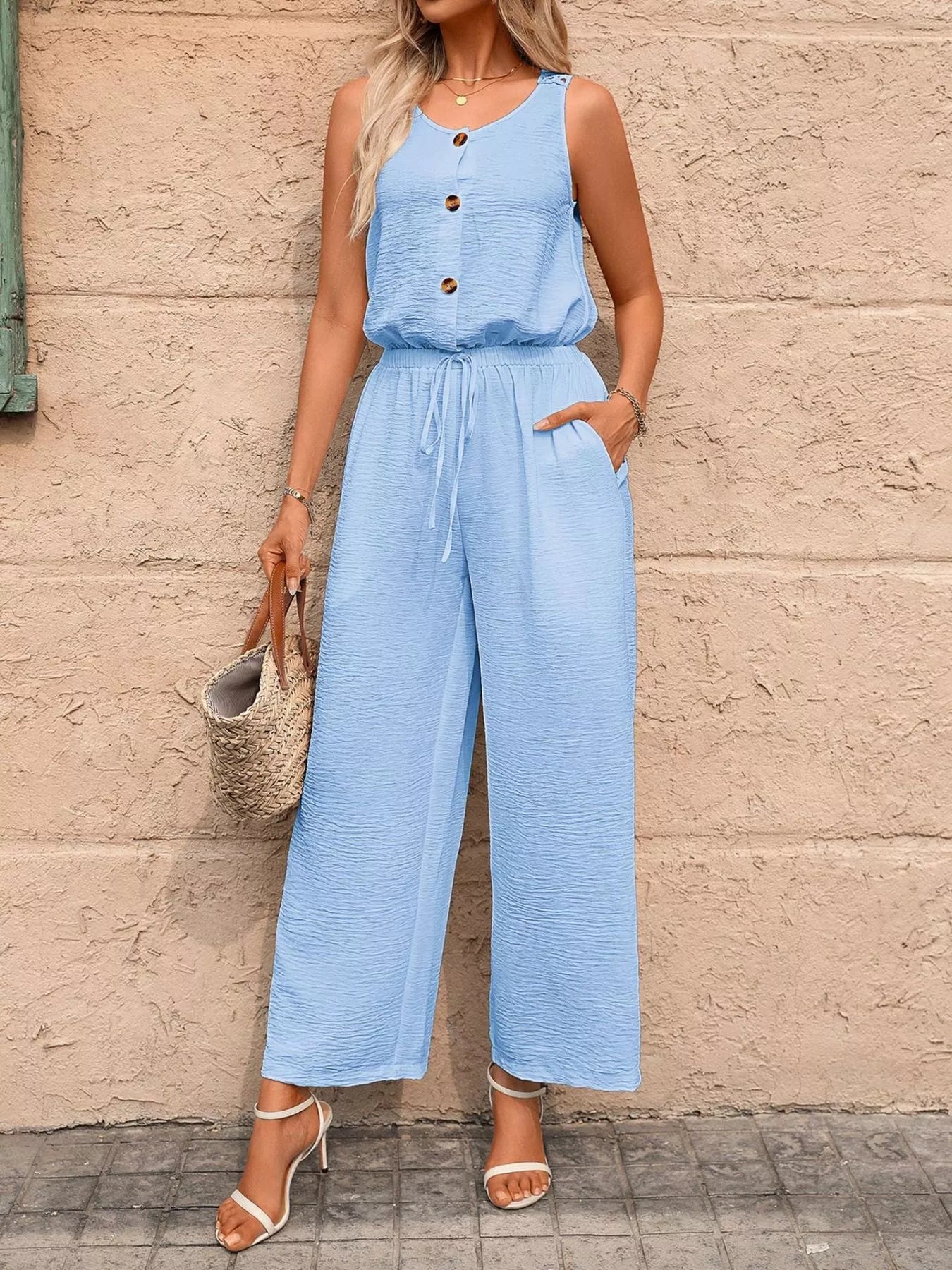 Button-Front Wide-Leg Jumpsuit