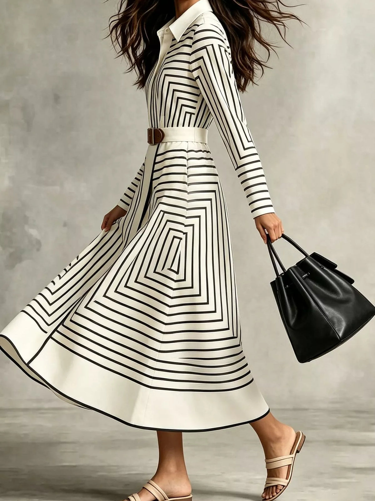 Geometric Striped Midi Shirt Dress in White