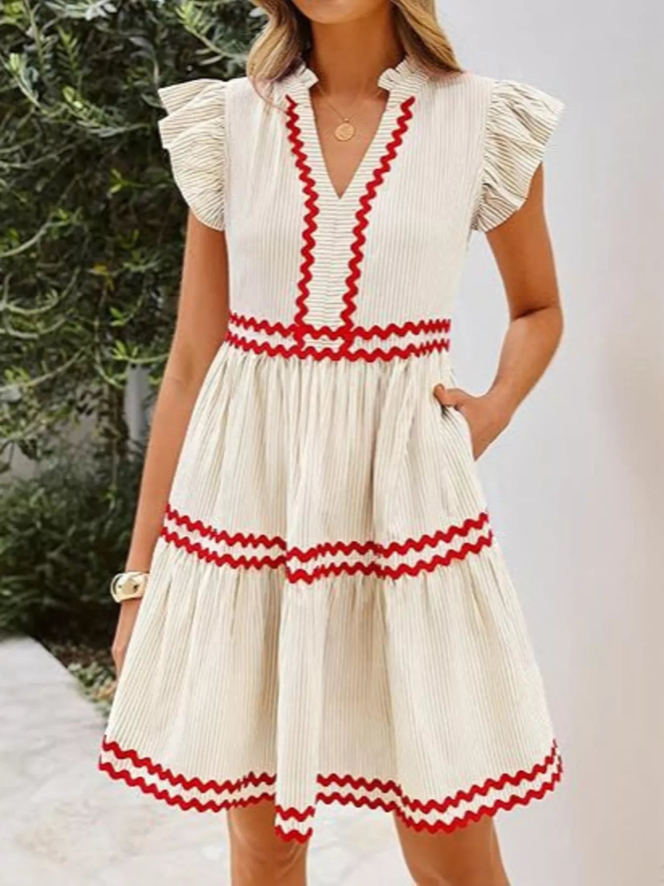 Striped Tiered Dress with Ruffle Sleeves