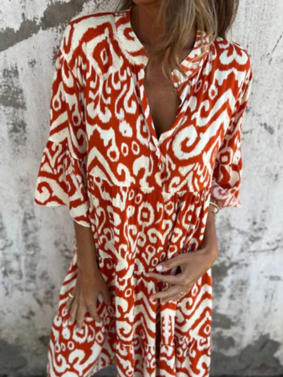 Notched Half Sleeve Printed Plus Size Dress