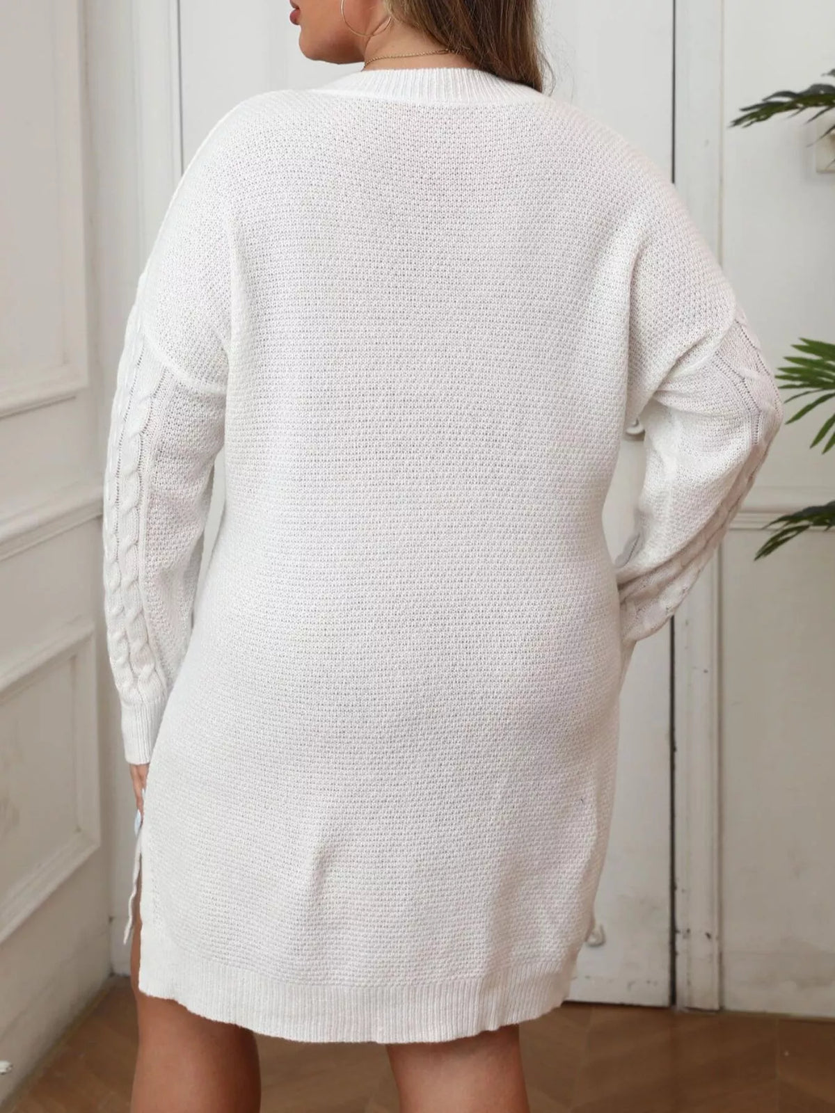 Cable-Knit Sweater Dress with Contrast Bow Detail in White